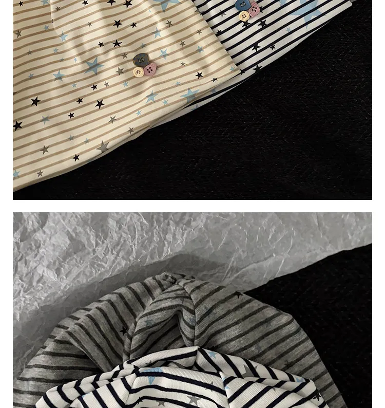 Koreanische Ins Kontrast-Streifen-Stern-Print-Mützen für Damen Frühling Herbst Street Fashion Vielseitiges Knopfdesign Y2K Pullover-Mützen – Detail 5