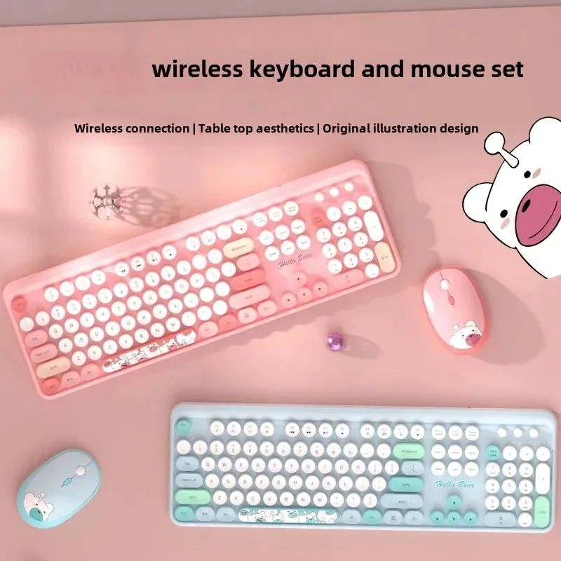 

Wireless 2.4G Keyboard Mouse Set For Women Office Environment Colorful Round Key Design Computer Accessories