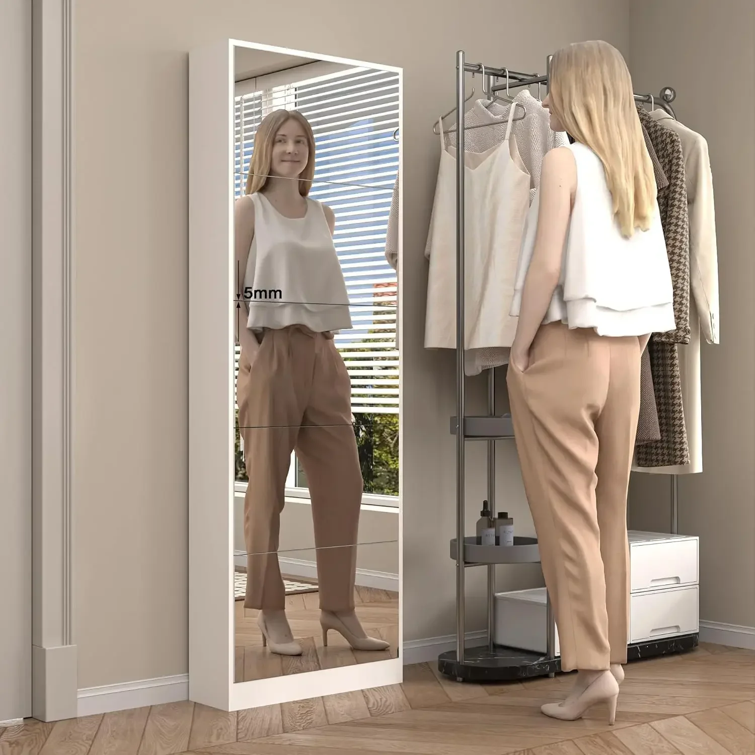 Shoe Cabinet with 5 Flip Drawers, Narrow Storage Cabinet for Entryway with Full Length Mirror Shoe Rack image 2