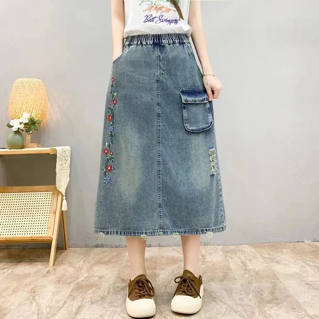 Japanese Vintage Mori Girl Flower Print Embroidery Denim Skirt Women Spring Summer Elastic Waist Casual  Loose A-Line Midi Skirt
