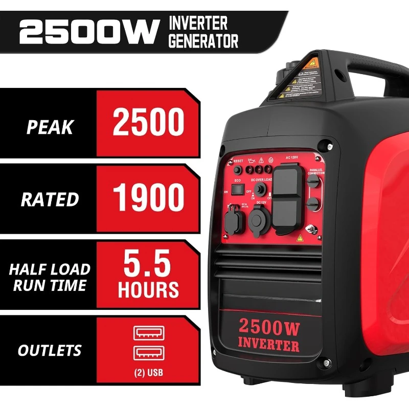 2500-Watt Gas Powered Portable Inverter Generator, CO Sensor, Super Quiet for Camping, Tailgating, Home Emergency Use