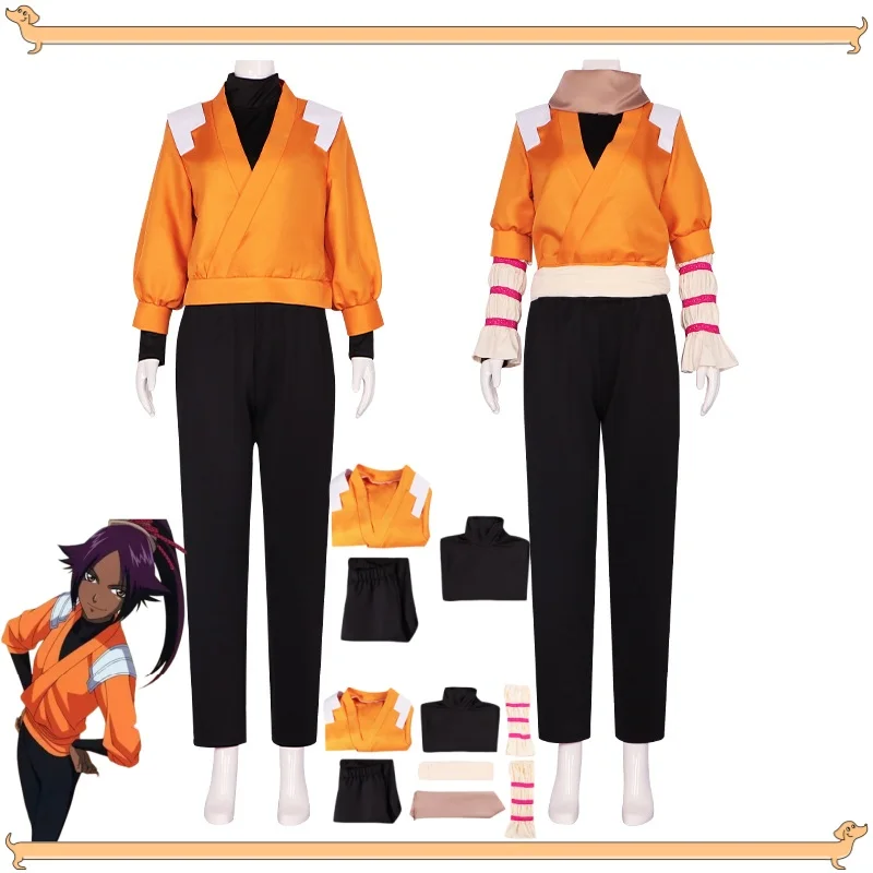 

Anime BLEACH Shihouin Yoruichi Cosplay Costume Yellow Outfit Short Long Uniform Women Halloween Cos Convention Full Suit