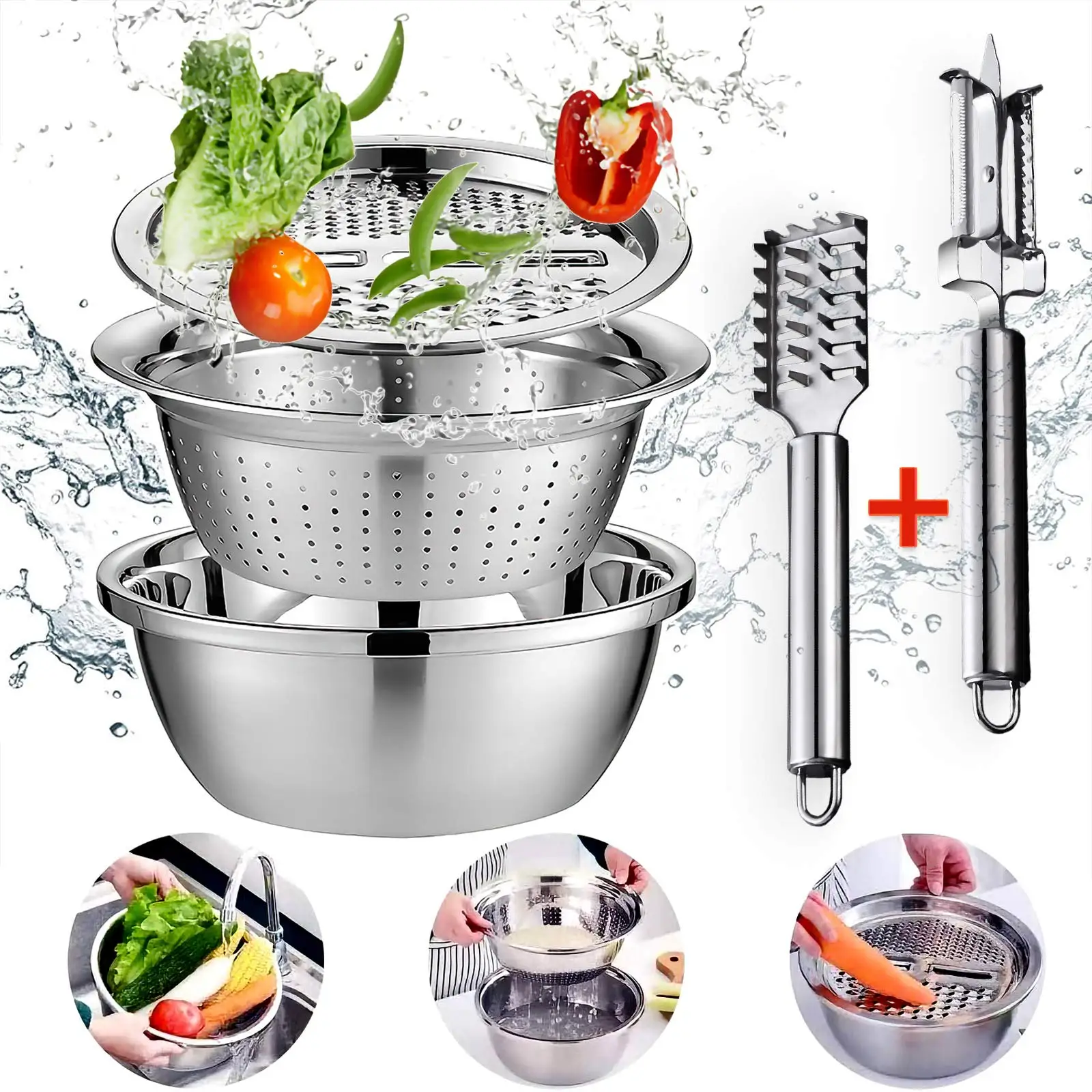 3 in 1 Vegetable Slicer Cutter Drain Basket Stainless Steel Vegetable Julienne Grater Salad Maker Bowl Kitchen Gadgets