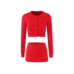 Women Red Black Long Sleeve Buttone Cozy Up Danny Cloud Knit Cropped Cardigan