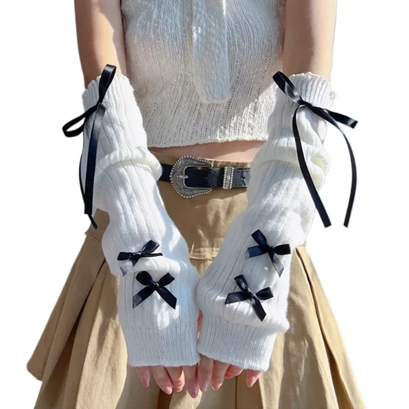 Female Y2K Fashion Arm Warmers Bowknot Soft Knitted Gloves Women Girl Half Finger Mittens Solid Color Thicken Arm Sleeves view 5
