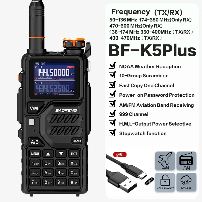 

2024 New Baofeng K5PLUS 10W multi-band UHF VHF AM aviation band 999CH 2500mAh long-distance handheld transceiver