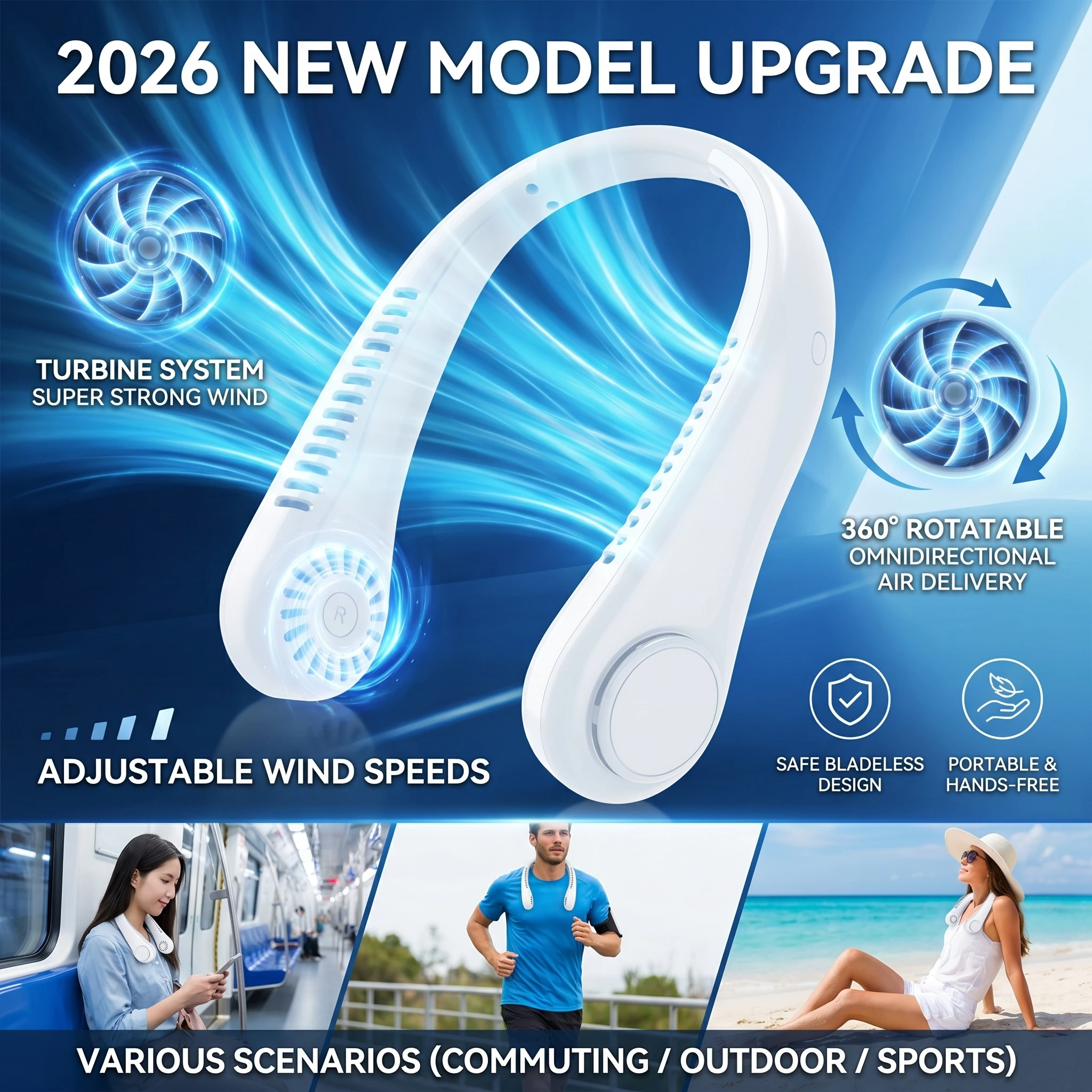 

2026 New Upgrade Neck Fan, 3-Speed Adjustable, Portable USB Rechargeable, High Battery Life, Outdoor Sports