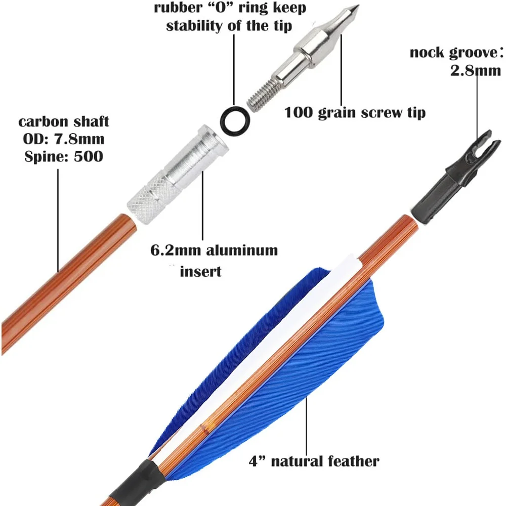 Fotografia 3: 12pcs Flechas de Carbono Mistas SP500 com Pena Natural de 4 polegadas, DI 6.2mm, DE 7.8mm para Arco e Flecha, Caça, Tiro e Acessórios para Prática de Tiro ao Alvo