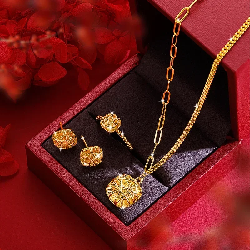 

9999 Real Gold 24K Niche Design High Sense Geometric Brushed Small Sugar Cube Necklace Ring Stud Earrings Three-piece Set Women