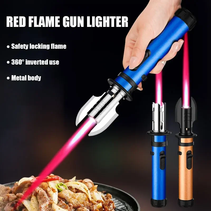 Creative Shape Red Flame Gun Torch Lighter Metal Body 360° Inverted  Use One key to lock the fire Camping Tools
