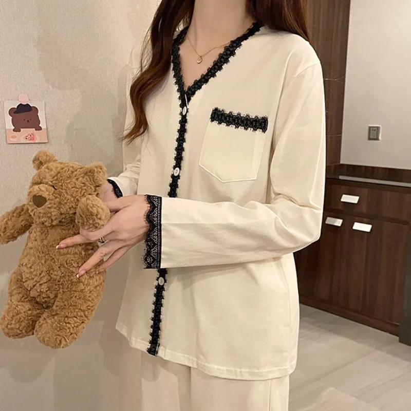 Pajamas for Women Baggy Panelled V-neck Sleepwear Home Casual Gentle Pockets All-match Classic Daily Spring Autumn Lounge Mujer