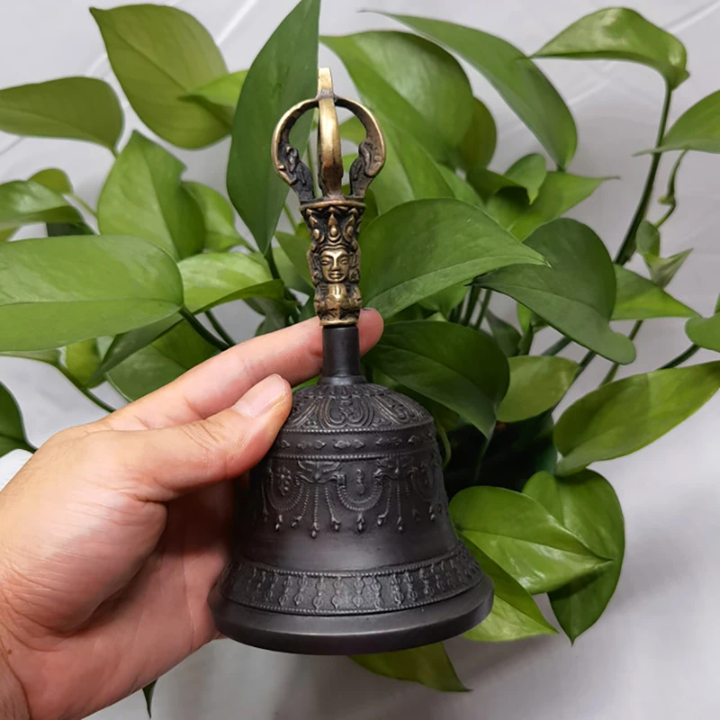 9.5cm Black Tibetan Bells Chimes Vintage Brass Buddhist Meditation Bell Instruments Nepal Hand Bell with Dorje Vajra Ornaments