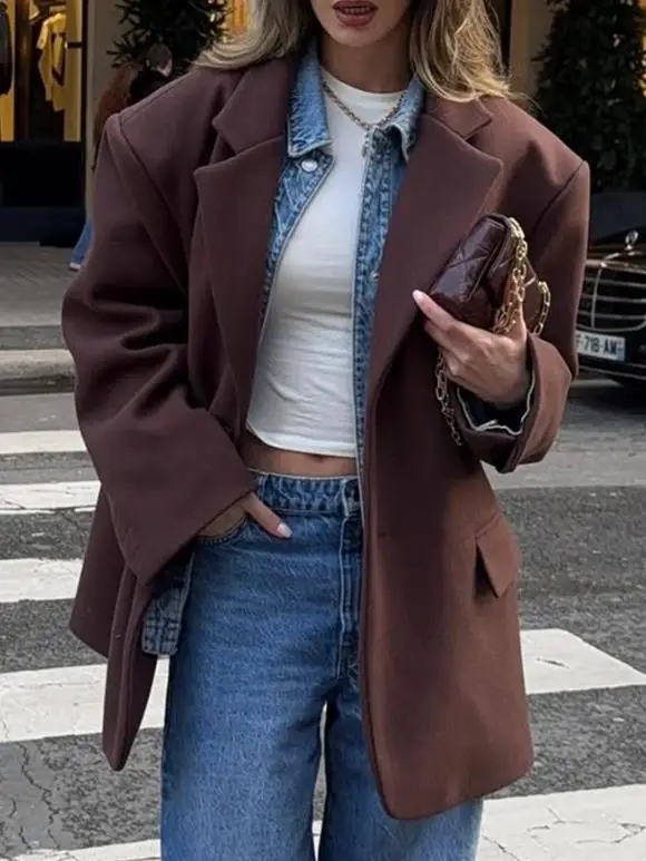 Women's Blazer 2026 Spring Autumn New Solid Color Notched Collar Long Sleeved Loose Fit Versatile Commute Jacket Coat