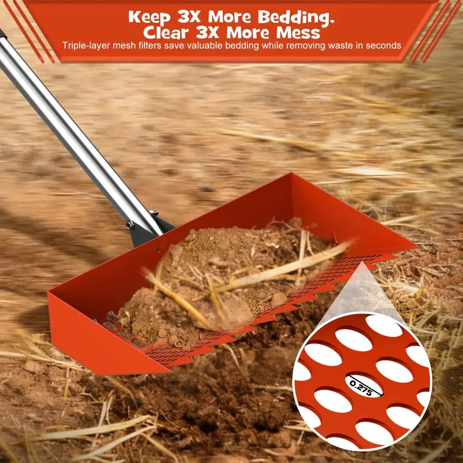 Poop Scooper amp Rake 2in1 12 بوصة رأس مجرفة أمبير 3 زاوية قابلة للتعديل 304 مقبض من الفولاذ المقاوم للصدأ، مغرفة فضلات الدجاج وحظيرة R