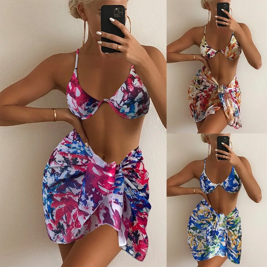 HOTEuropean and American beach swimwear three-piece bikini 2026 new fashion printed steel holder skirt bikini women