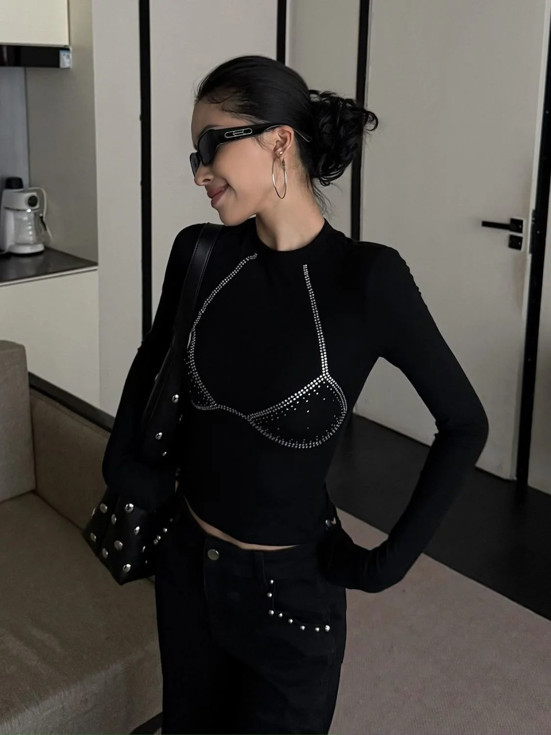 

Women's Black Mock Neck Long Sleeve T-Shirt - Cropped Slim Fit, Bikini Pattern Rhinestone Decor , Sexy Edgy Top Spring Autumn