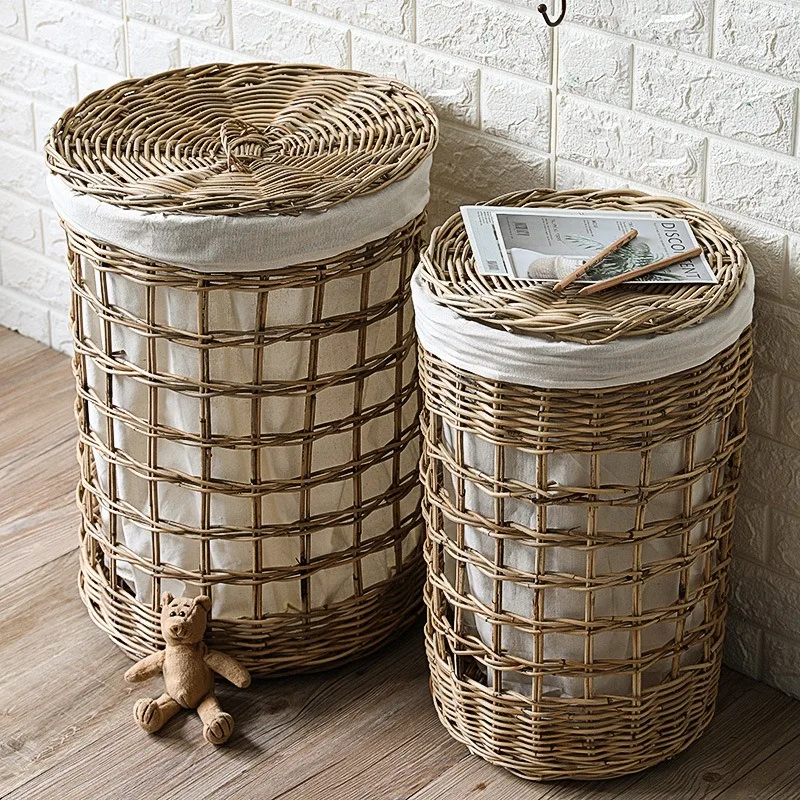 Imported rattan dirty clothes basket, covered clothes storage basket, storage storage bucket, large washable vajra rattan