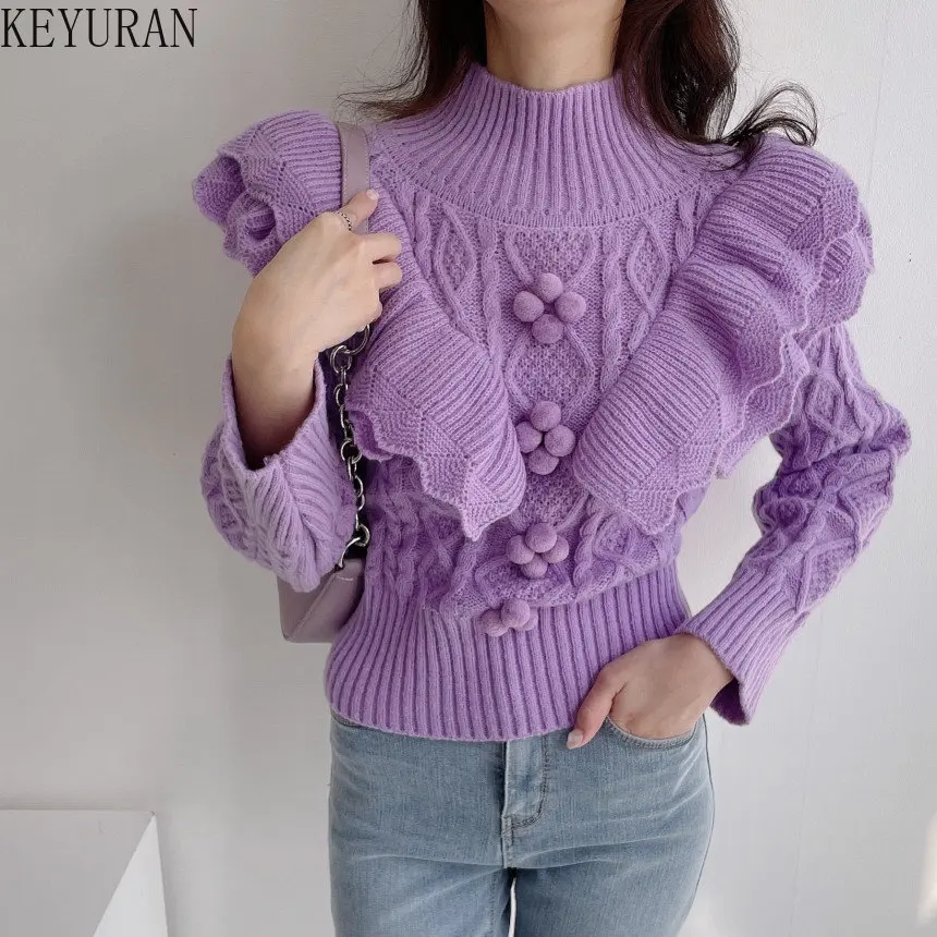 Chic Ruffles Floral Knitted Sweater Women Korean Fashion Vintage Lantern Sleeve Knitwear Pullovers Turtleneck Sweaters Jumpers