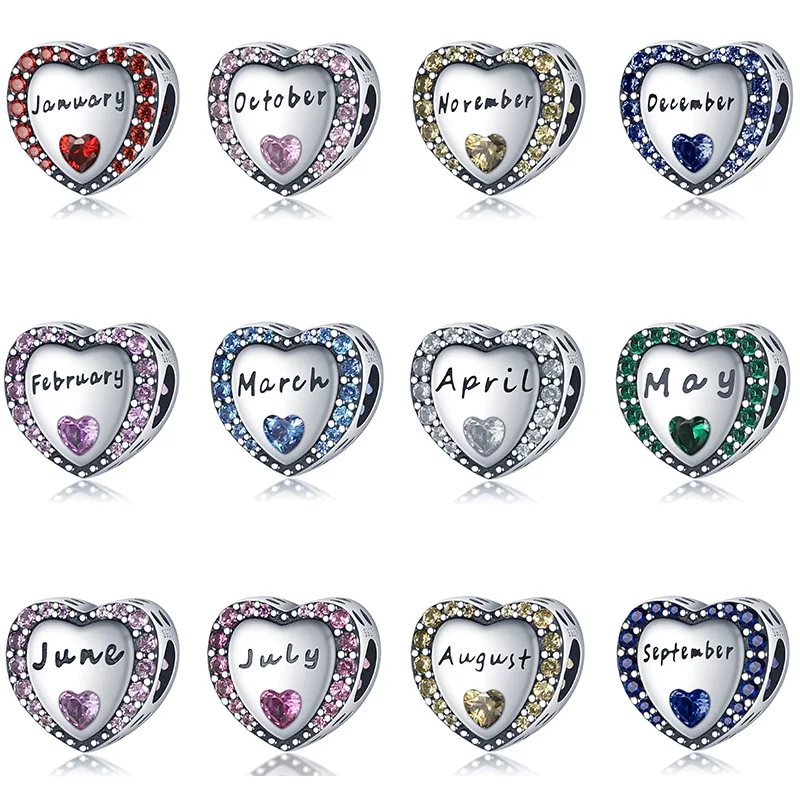925 Sterling Silver Heart-Shaped January To December Charms Beads For Women Fit Original Bracelet DIY BirthdayParty Jewelry Gift