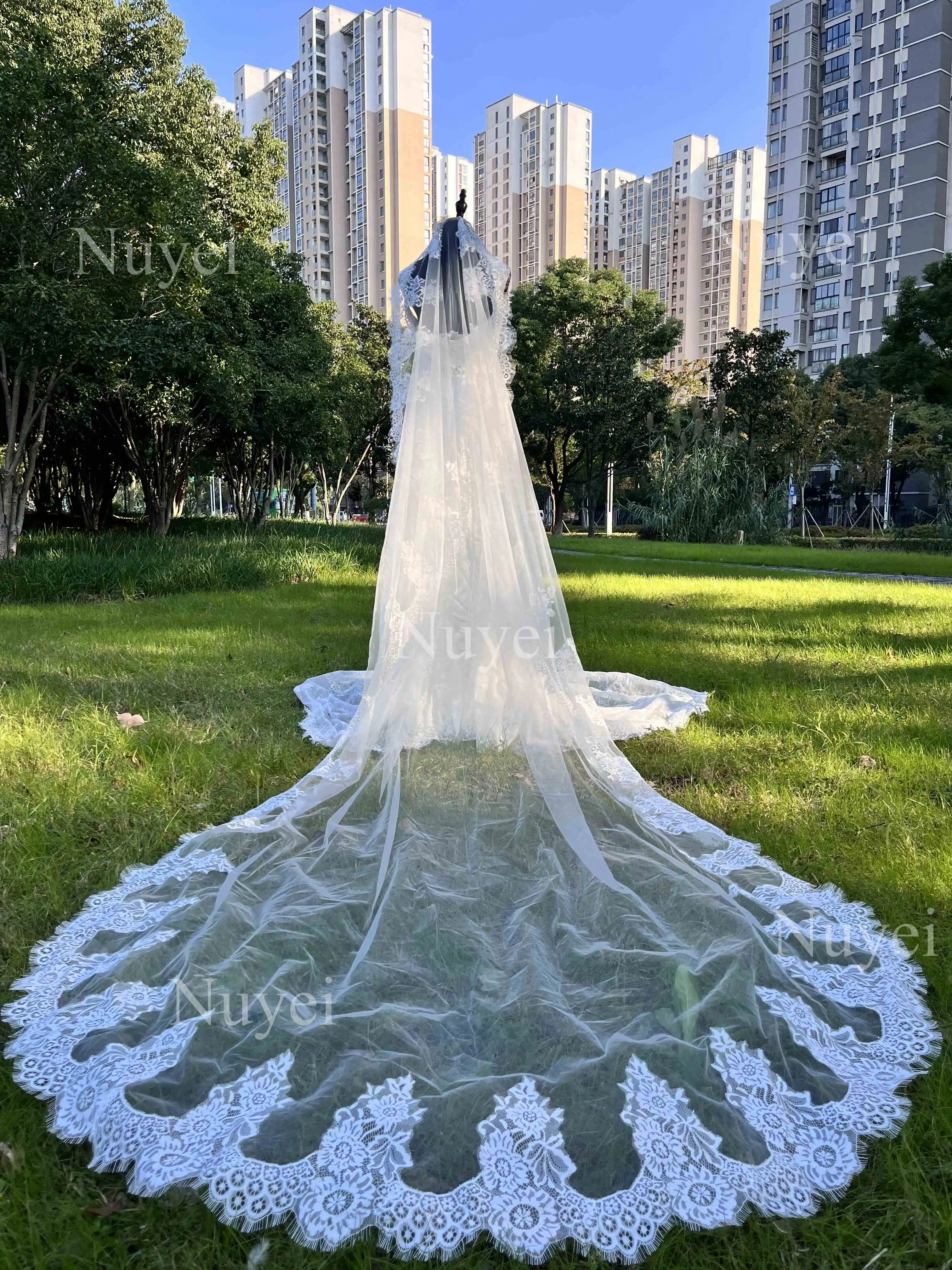 Weiß/Elfenbein Hochzeits schleier 3m lange Kamm Spitze Mantilla Kathedrale Braut schleier Hochzeit Zubehör Veu de Noiva – Detail 3