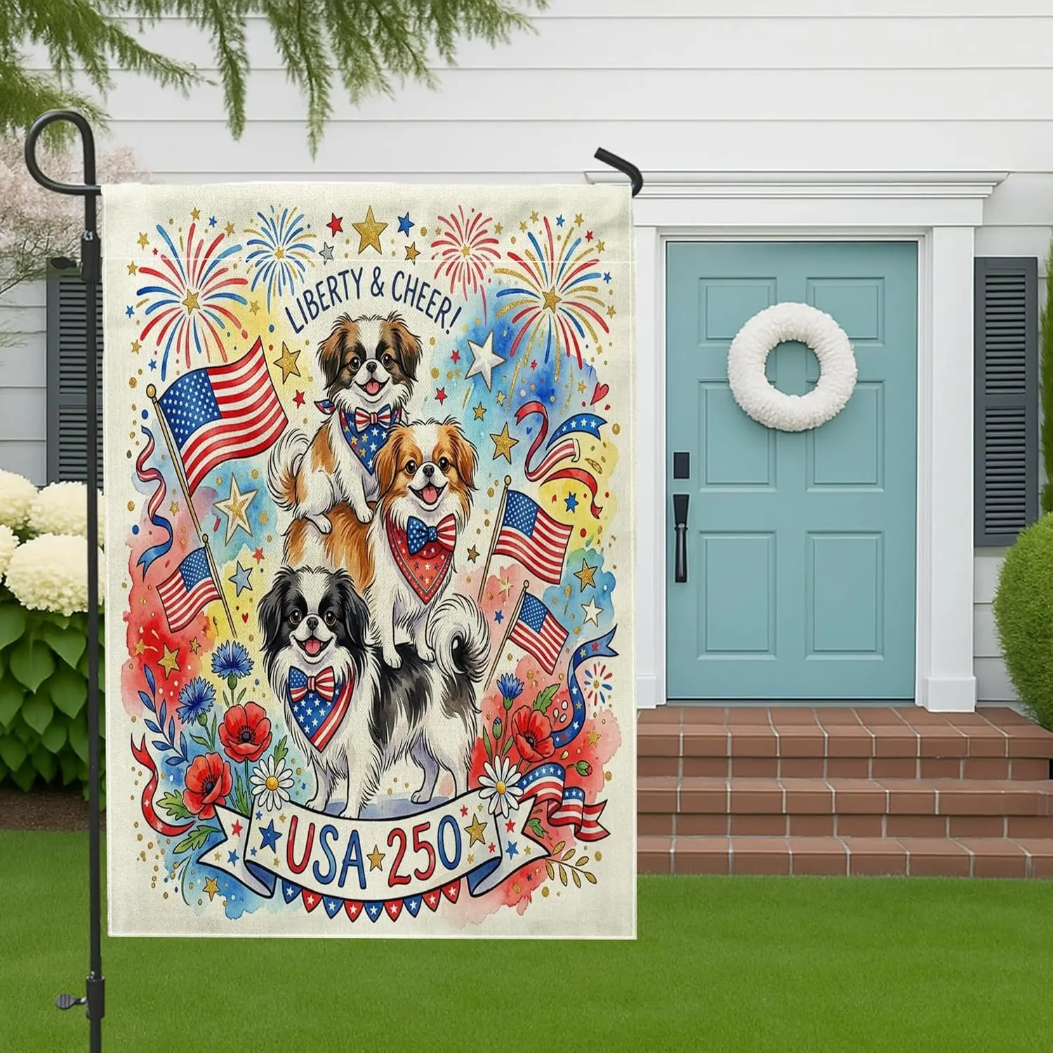 250 Years Japanese Chin Dog Front Yard Backyard Burlap Garden Flags 12x18 Double Sided for Outdoor, 4th of July Floral Small AAS