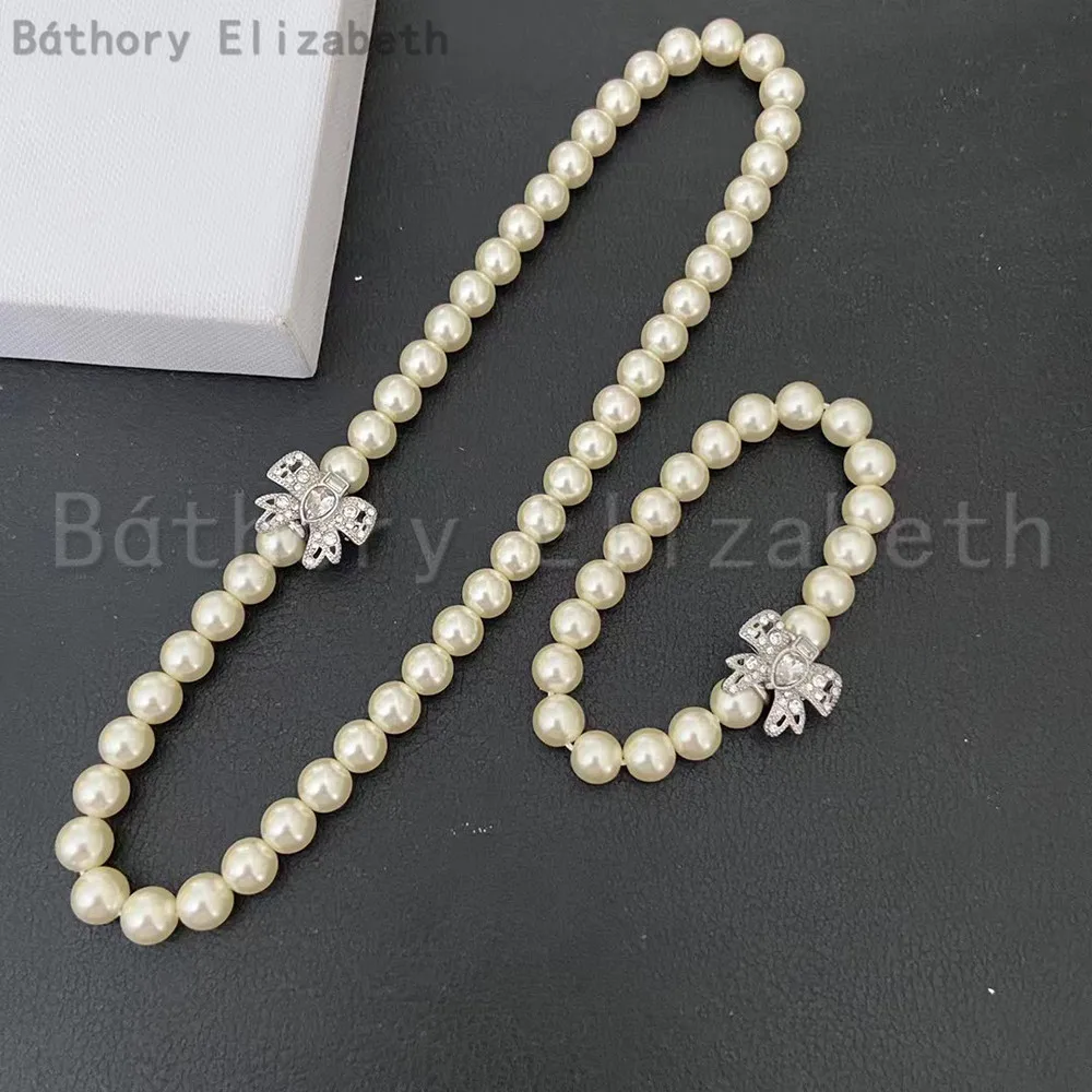 

Báthory Elizabeth Fashion Delicate Pearl Crystal Bow Necklace Bracelet Luxury Jewelry Set Women Top Quality Birthday Party Gift