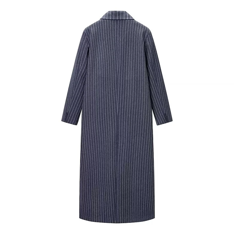 KEYANKETIAN Winter New Women's Clothing Lapel Long Sleeved Double Breasted Flap Pocket Striped Woolen Long Coat Jacket for Women