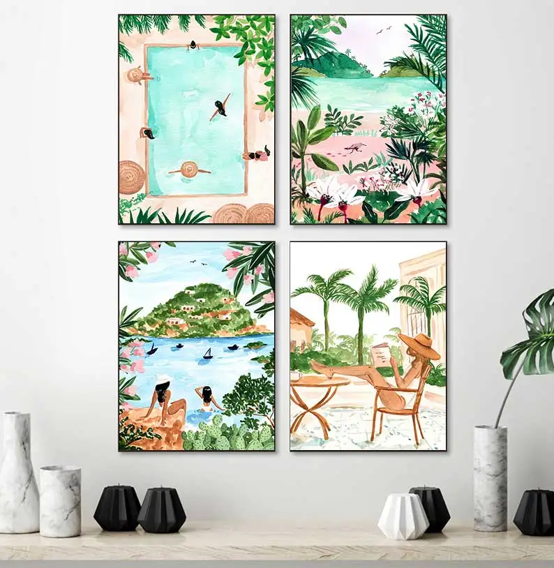 Summer pool party wall art tropical print plant travel image spa girl painting on canvas poster living room decoration