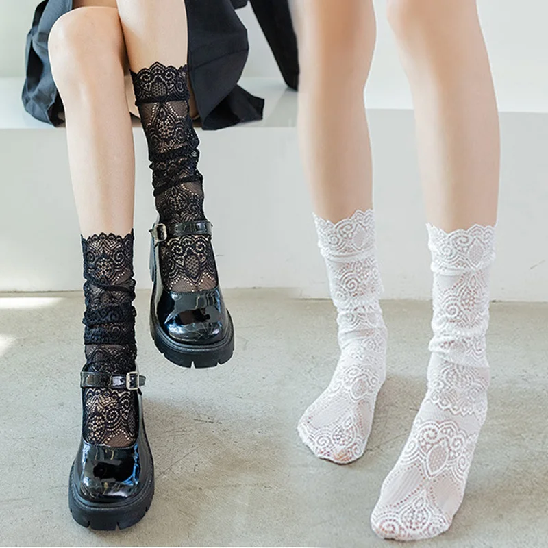 Spring Summer Floral Mesh Black Lace Socks for Women Sexy Hollow Stockings Japanese Lolita Princess Socks Charm Girl Hosiery Sox