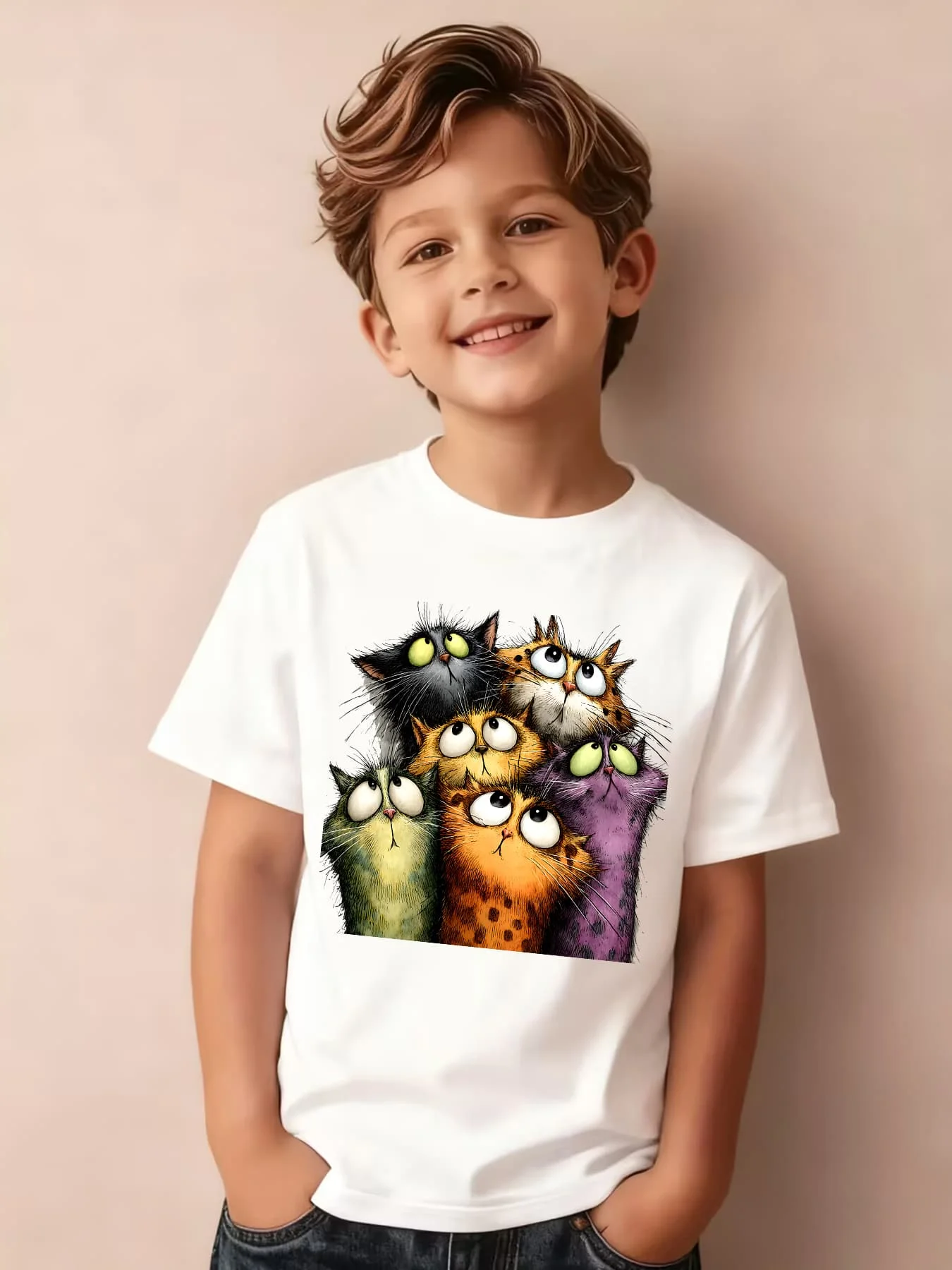 Kids Boys Girls Family Matching T Shirt Cute Colorful Cartoon Cats Group Graphic Print Short Sleeve Tee Casual Parent Tops