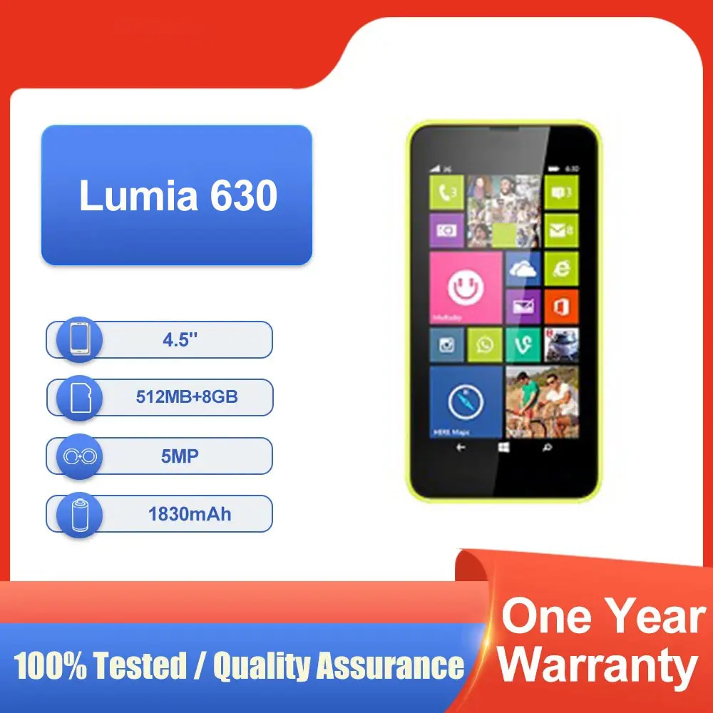كاميرا Lumia 630 8GB ROM الأصلية غير مقفلة 512 ميجابايت RAM 4.5 بوصة 5 ميجابكسل شحن سريع هاتف محمول 3G LCD بحالة جيدة