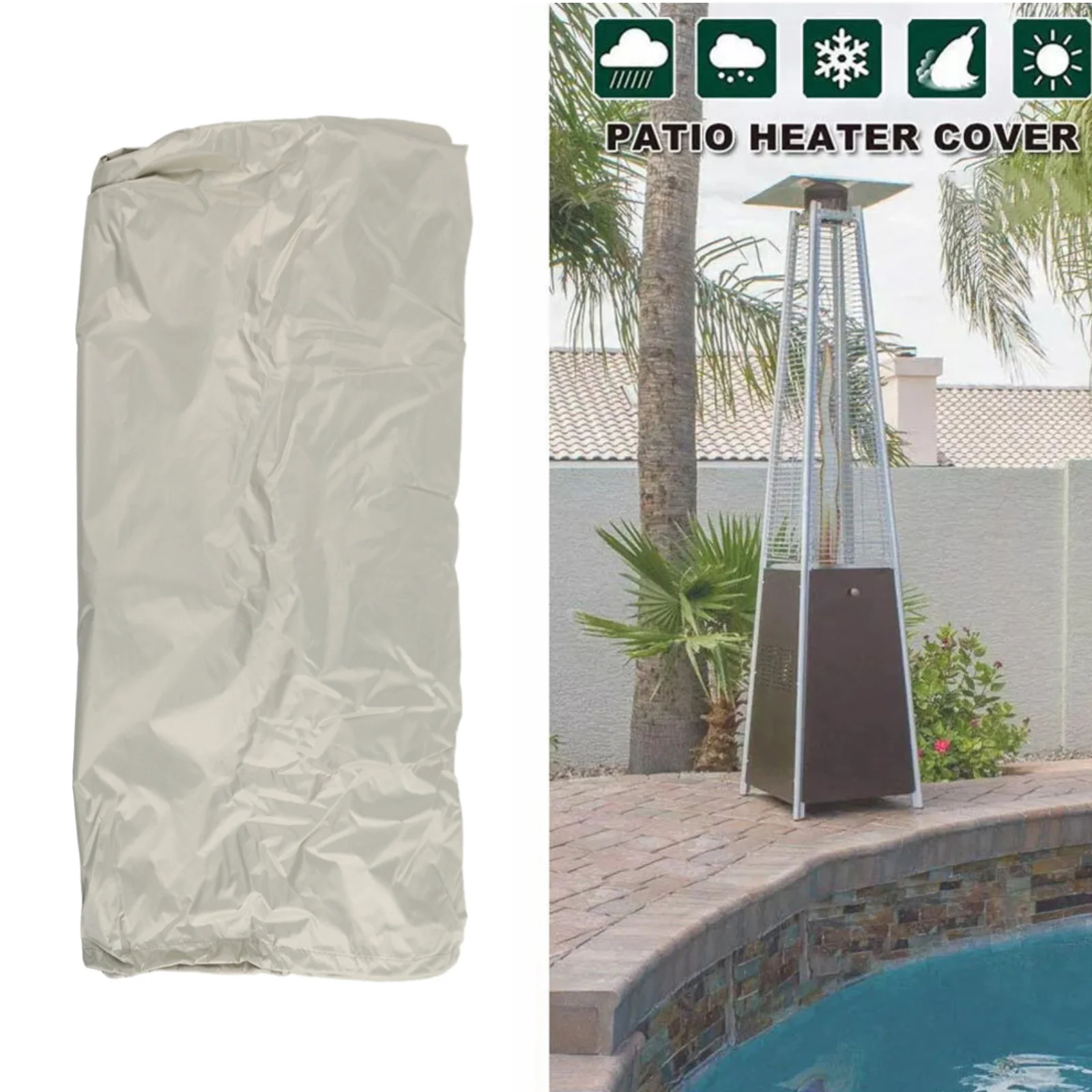 Oxford Fabric Heater Cover Gas Pyramid Patio Heater Cover Garden Grey Windproof Adjustable Cord Convenient Storage Easy Cleaning