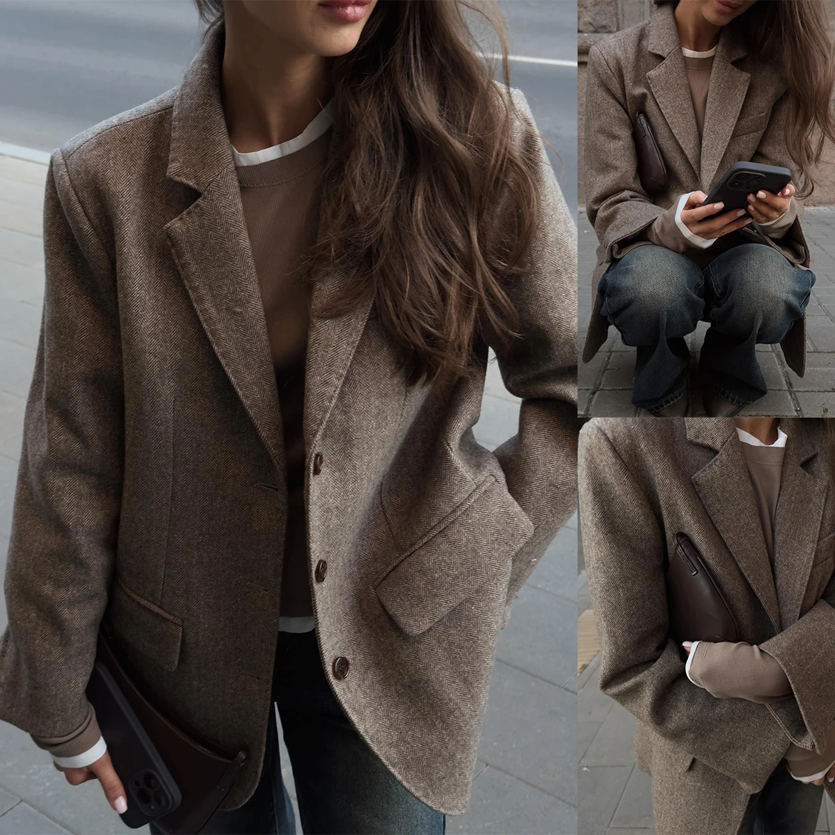 Blazer en tweed marron pour femme, manteau une pièce, veste femme, streetwear, loisirs, bureau