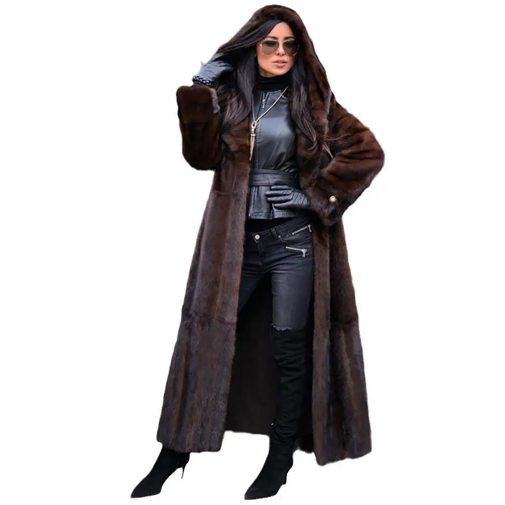 

Long Coffee-colored Mink Fur Coat with Hood And Waist Belt Warmth And Elegance Women's Faion Outerwear for Autumn And Winter
