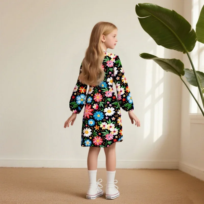 2025 Girls' Fresh Floral Print Short - Sleeve Dress