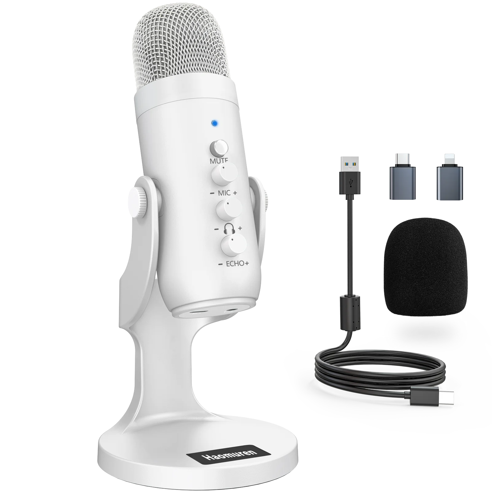 Haomuren Professional White USB Condenser Microphone Studio Recording Mic for PC Computer Phone Gaming Streaming Podcast Youtube