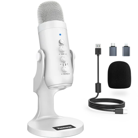 Professional White USB Condenser Microphone Studio Recording Mic for PC Computer Phone Gaming Streaming Podcast Vocals Youtube