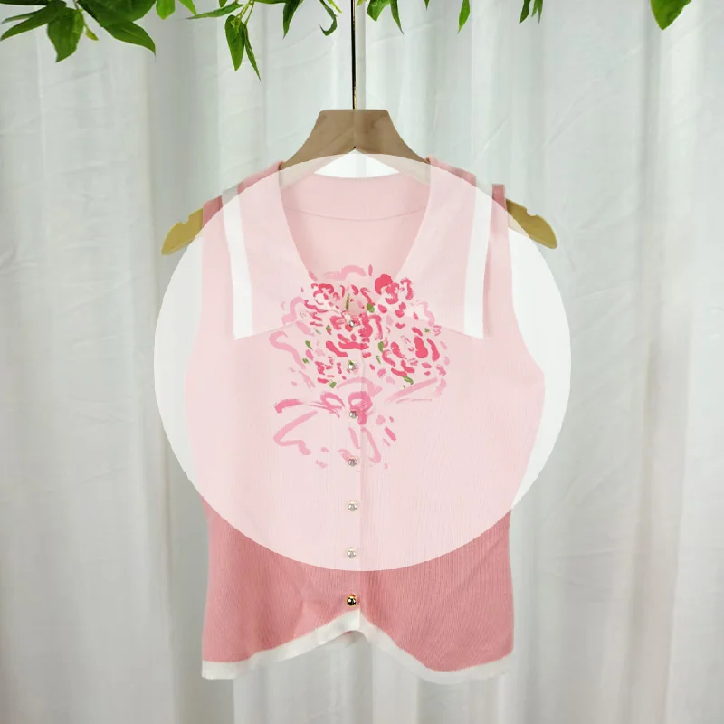 

Тонкий вязаный жилет без рукавов с контрастными лацканами во французском темпераменте для женщин