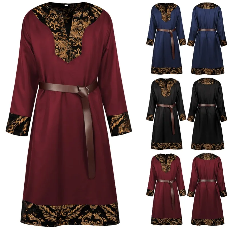 

European and American Vintage Longwaist-binding Trench Coatmen's Jacquard Splicing Knight Long GownHalloween Role-playing Jacket
