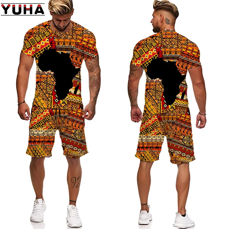 YUHA, set di t-shirt da donna/uomo con stampa 3D africana Africa Dashiki tuta da uomo/top/pantaloncini tuta sportiva e per il tempo libero estiva da