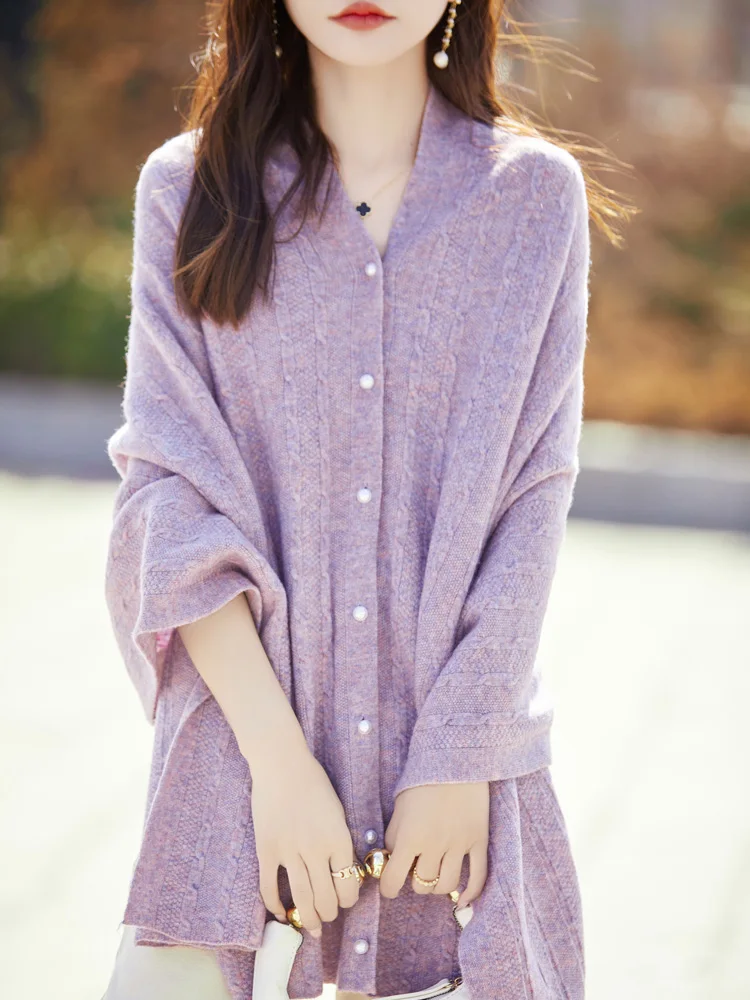 Women Cashmere Wrap Shawl Cardigan Autumn Winter Grace Basic 100% Merino Wool Knitwear Cable Knitting Cashmere Sweater Tops