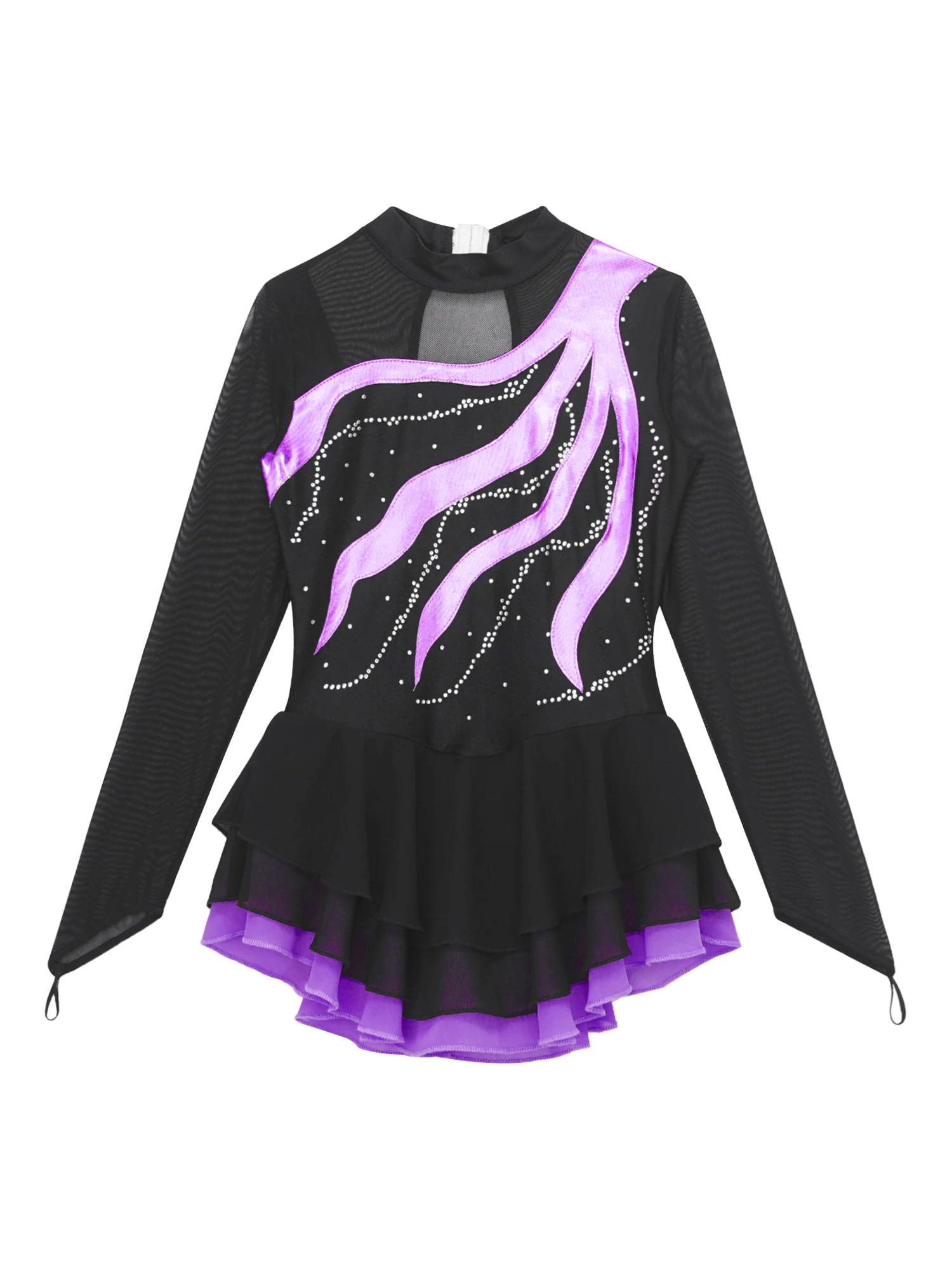 Children Girls Figure Skating Leotard Dress Long Sleeve Rhinestone Mesh Dancewear for Lyrical Dance Ballet Gymnastics Acrobatics