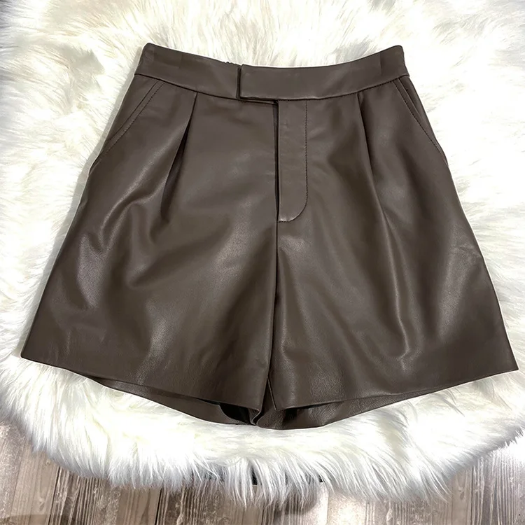 2024 New Genuine Sheepskin Leather Pants Versatile Diagonal Pocket Wide Leg Shorts E37