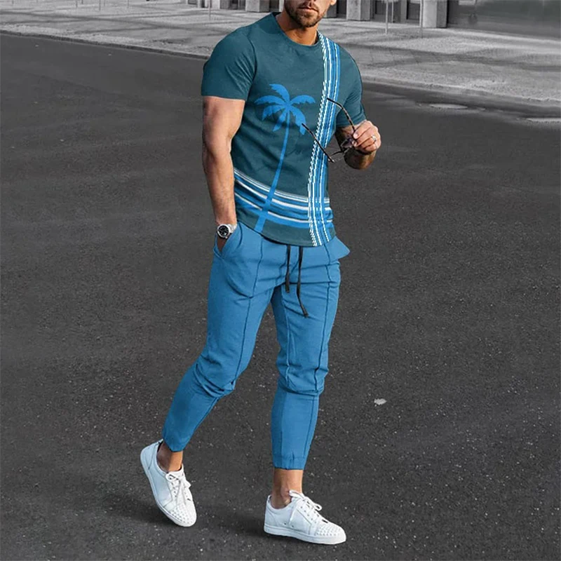 Conjunto de camisetas y pantalones de chándal con estampado 3D de árbol de coco Hawaiano para hombre, camiseta de manga corta de gran tamaño, ropa