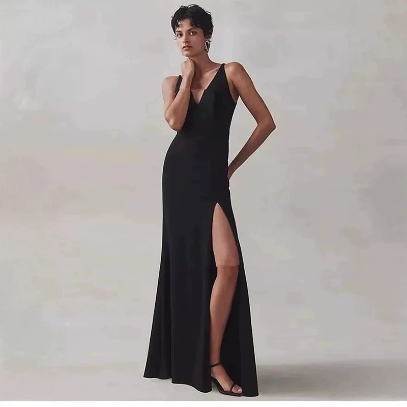 

Черное атласное вечернее платье для подружек невесты с V-образным вырезом, без рукавов, с разрезом, летнее, для банкетов, класса люкс