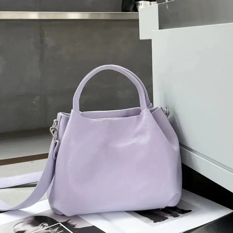 Women Vintage Cowhide Shoulder Bag Genuine Leather Handbags Bucket Bag Soft Leather Luxury High Quality Crossbody Bag