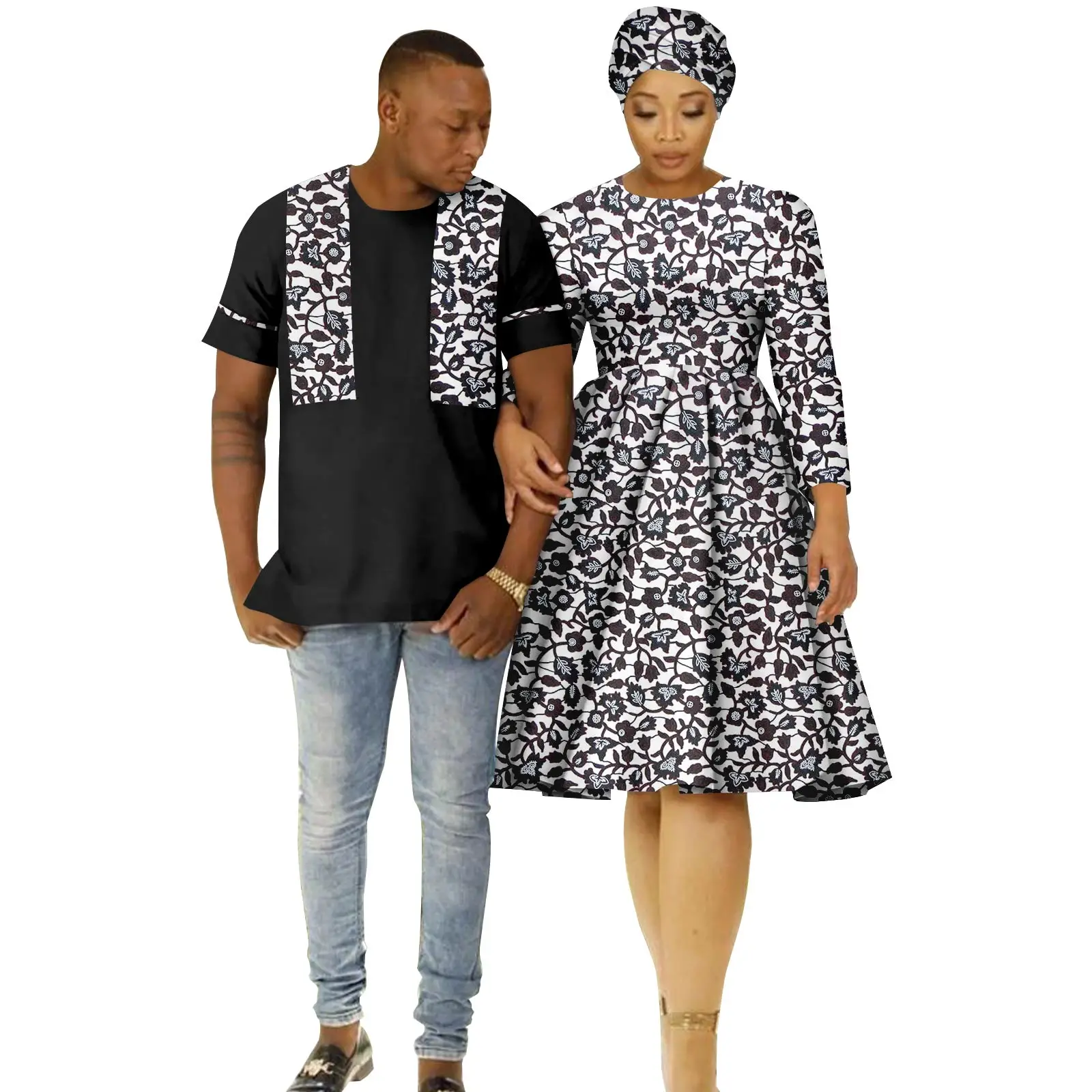 

African Print Dresses for Women Headwrap Matching Couple Outfits Dashiki Men Top Shirt Bazin Riche Summer Casual Outwear Y23C044