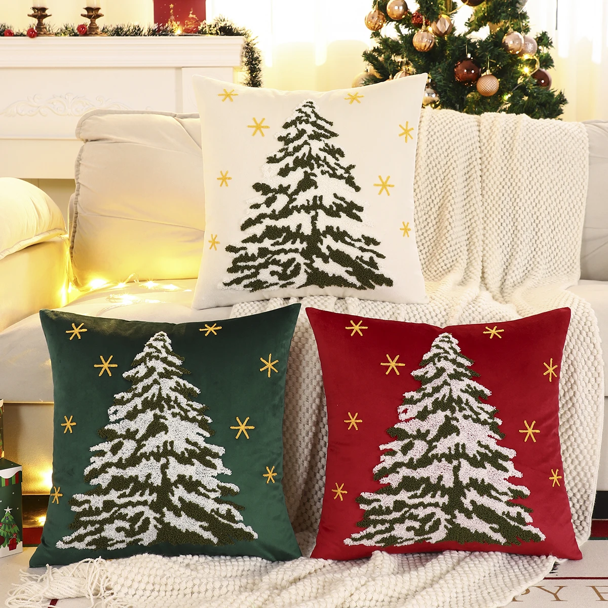 1 PC Christmas Tree Throw Pillow Cover Velvet Embroidery Snowflake Christmas Decoration Living Room