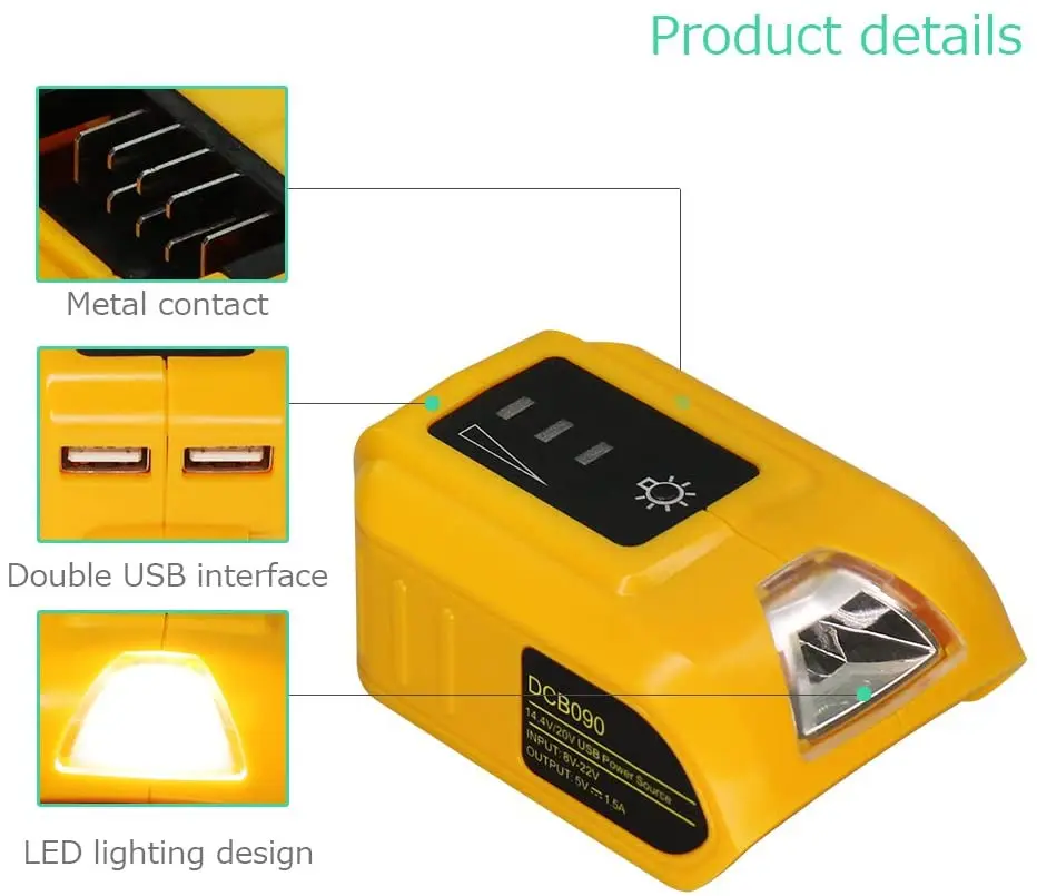 DCB090 Battery Power Source For DeWalt 20V MAX Lithium-Ion Batteries, Adapter Converter with LED Light, Dual USB Type-C DC port