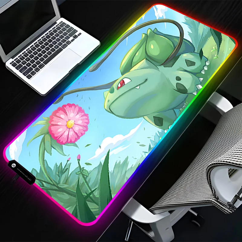 RGB LED Mouse Pad Rubber Mousepad Computer Gaming Accessories Keyboard Pad Office Decoracion Desk P-pokemon Bulbasaur Mouse Mat